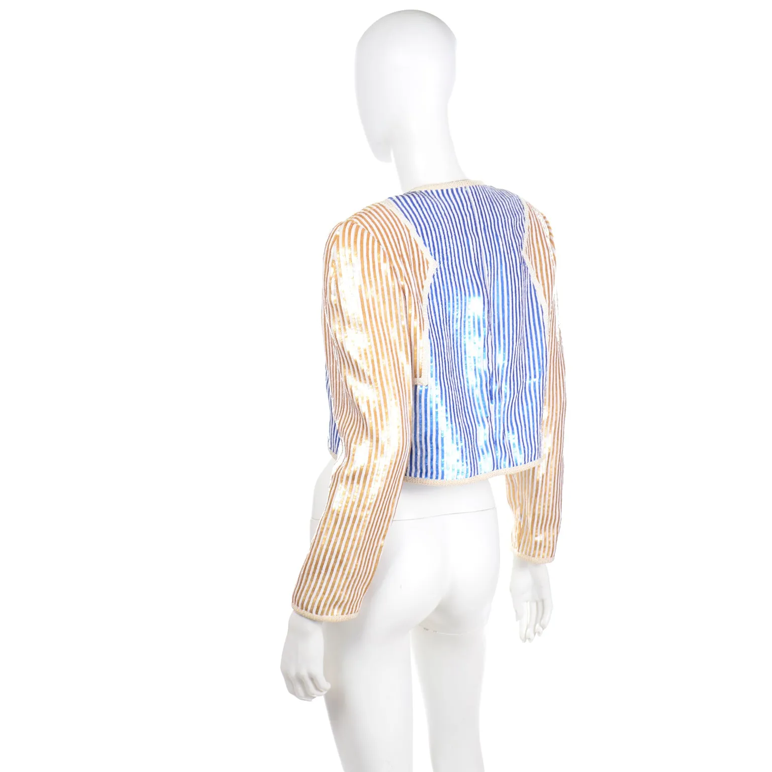 1980s Bill Blass Blue Gold & White Sequin Paillette Cropped Jacket