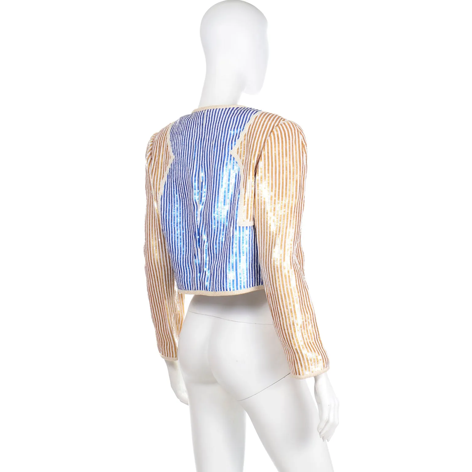 1980s Bill Blass Blue Gold & White Sequin Paillette Cropped Jacket