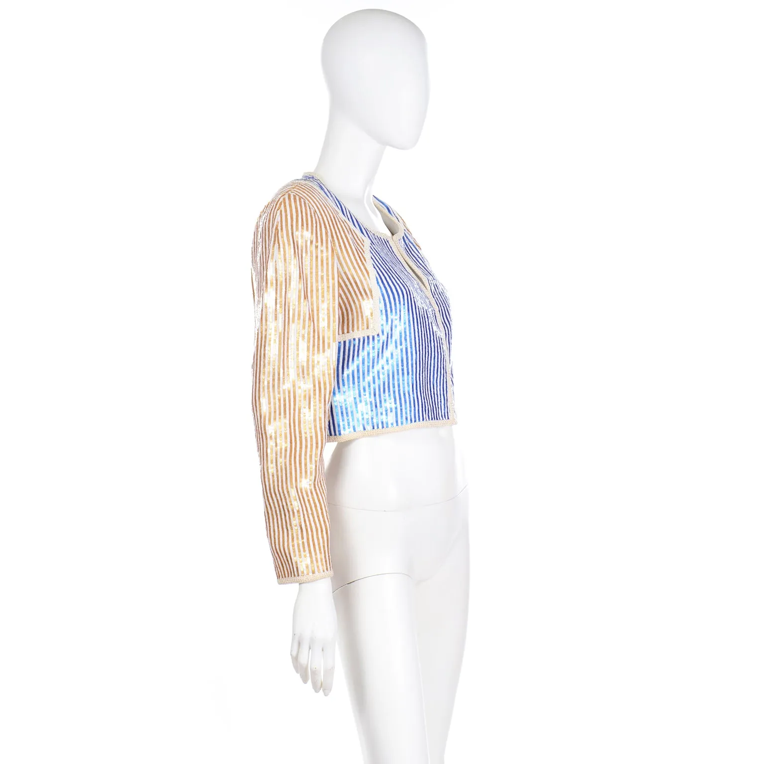 1980s Bill Blass Blue Gold & White Sequin Paillette Cropped Jacket