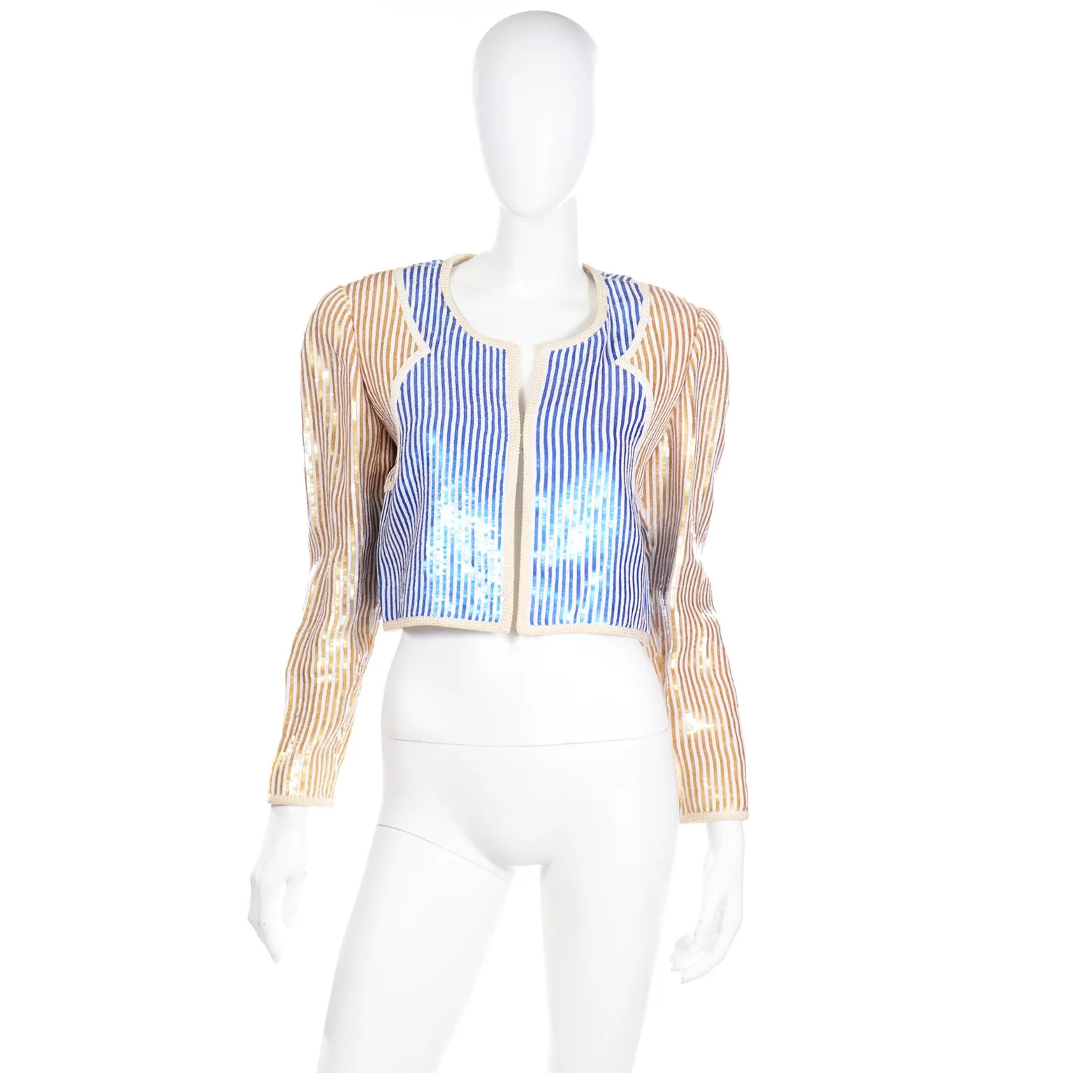 1980s Bill Blass Blue Gold & White Sequin Paillette Cropped Jacket