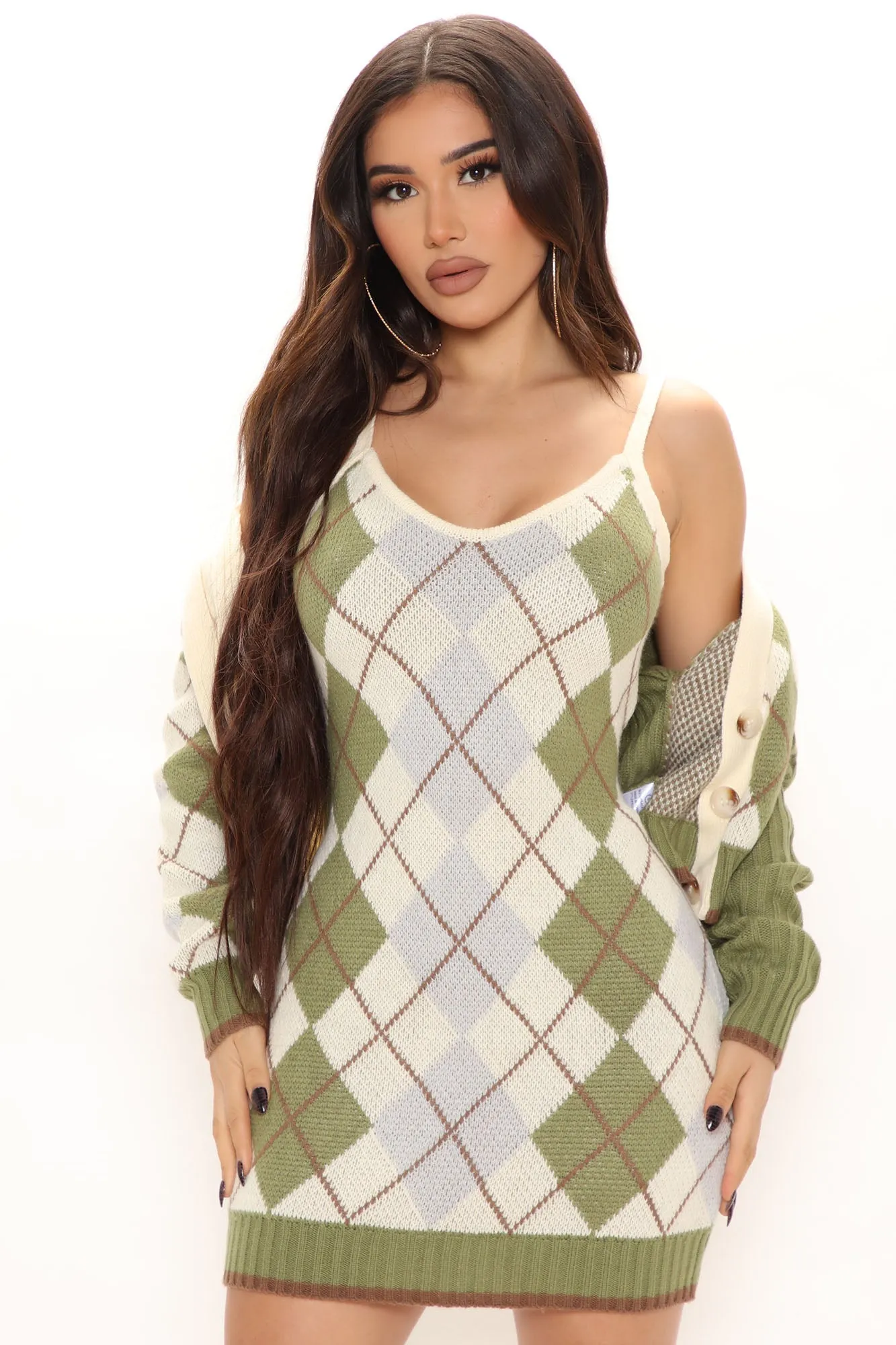 All Day Every Day Sweater Dress Set - Green/combo