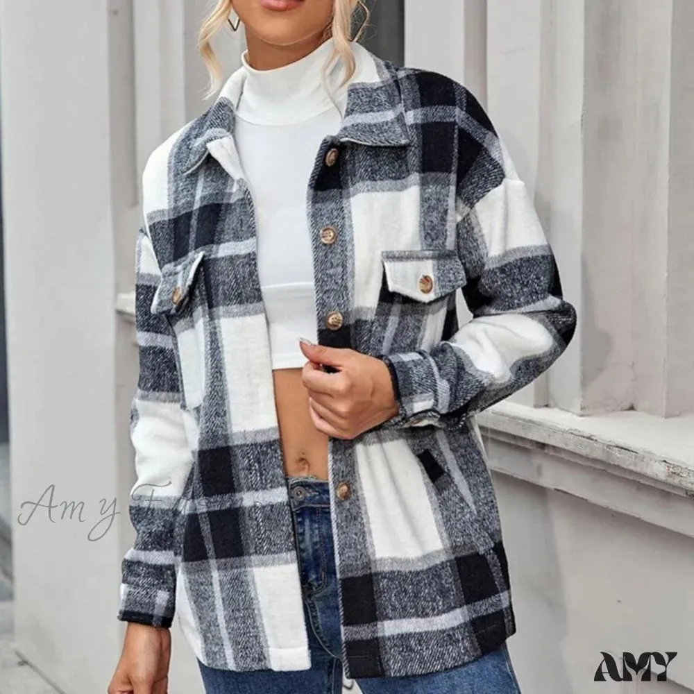 Amy Fashion - Skin-Touch Winter Thick Trendy Plaid Print Buttons Casual Coat