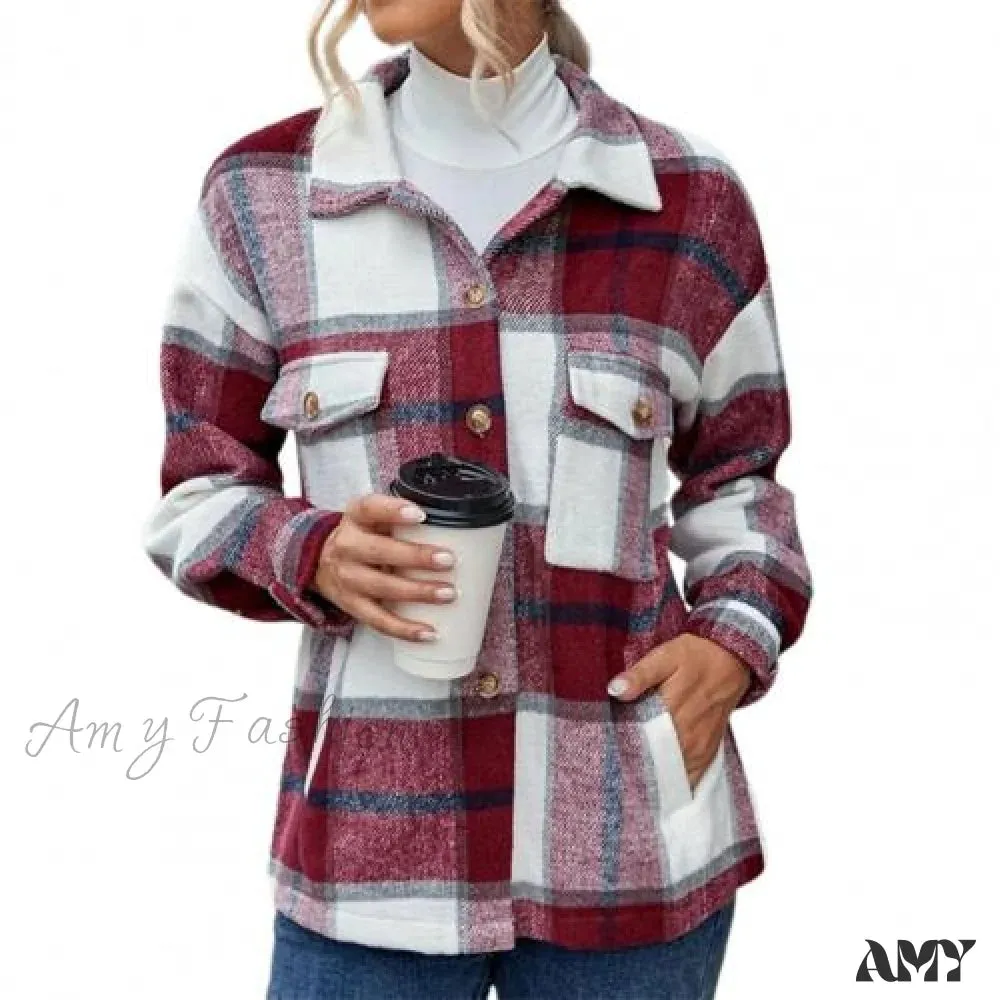 Amy Fashion - Skin-Touch Winter Thick Trendy Plaid Print Buttons Casual Coat