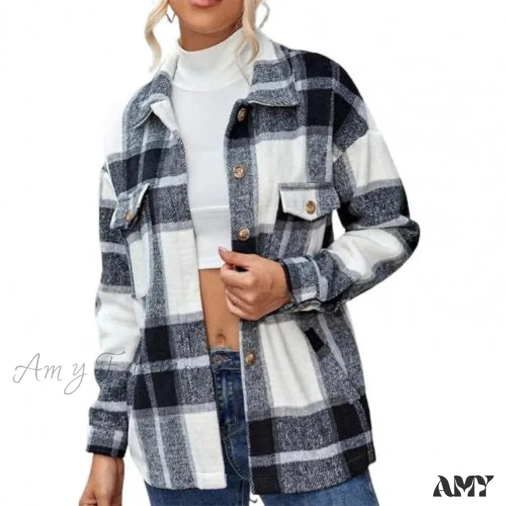 Amy Fashion - Skin-Touch Winter Thick Trendy Plaid Print Buttons Casual Coat