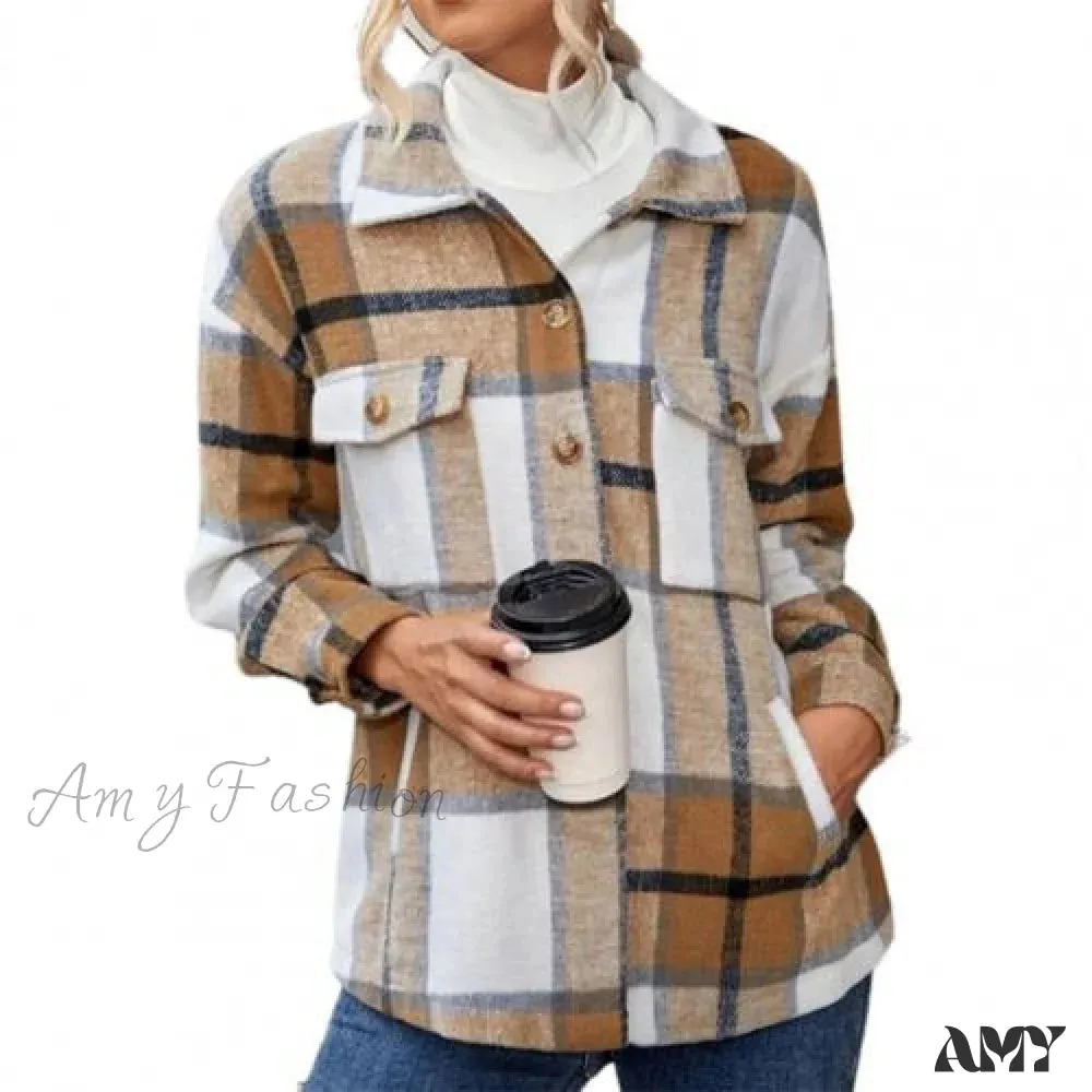 Amy Fashion - Skin-Touch Winter Thick Trendy Plaid Print Buttons Casual Coat