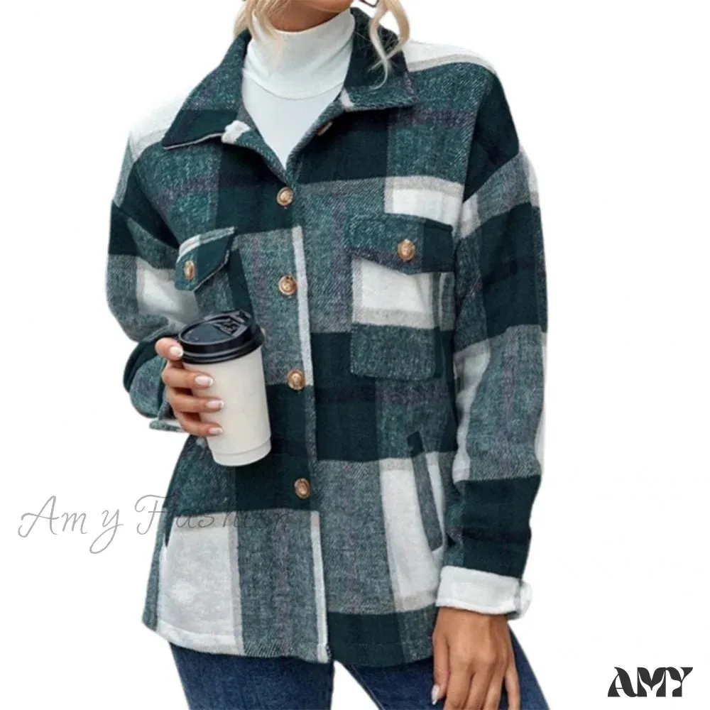 Amy Fashion - Skin-Touch Winter Thick Trendy Plaid Print Buttons Casual Coat