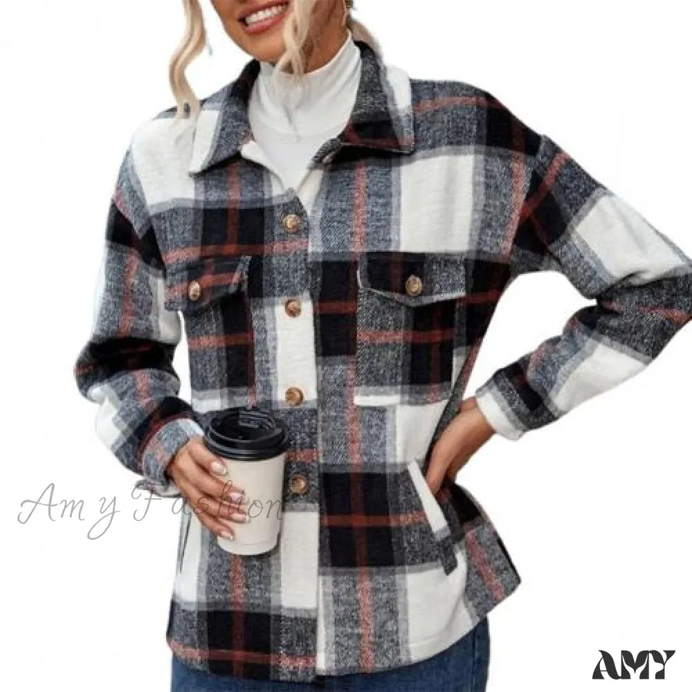 Amy Fashion - Skin-Touch Winter Thick Trendy Plaid Print Buttons Casual Coat