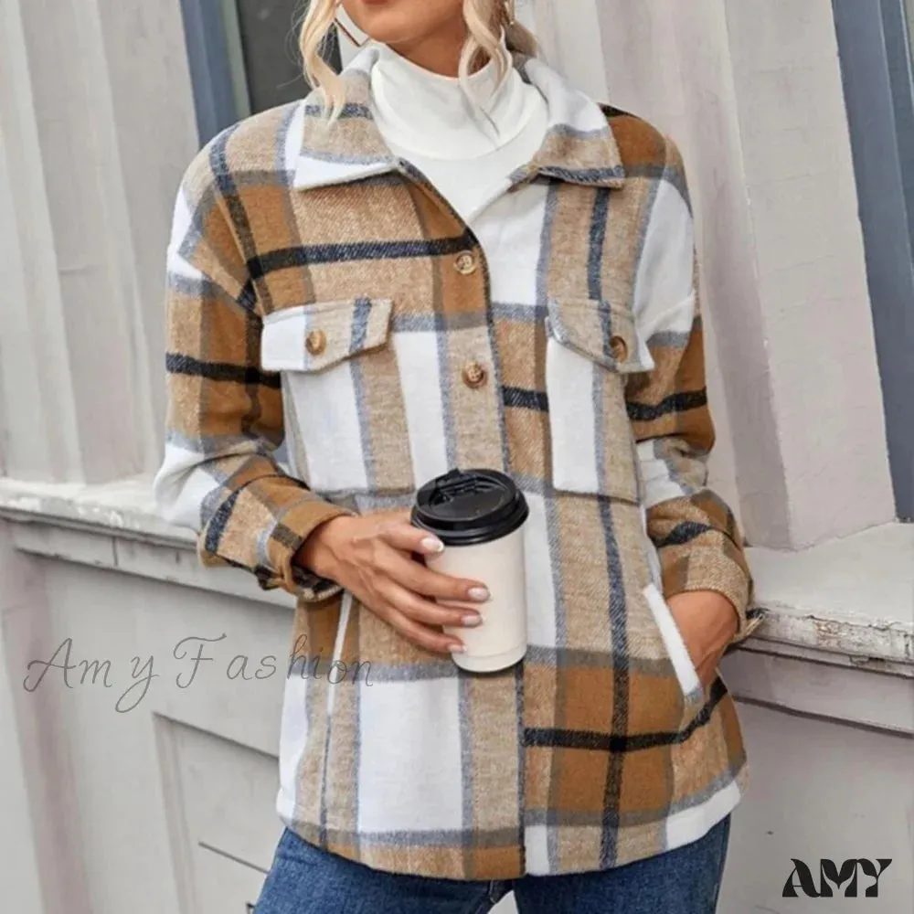 Amy Fashion - Skin-Touch Winter Thick Trendy Plaid Print Buttons Casual Coat