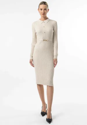 Angeleye Cream Long Sleeve Knit Shirt Dress With Belt