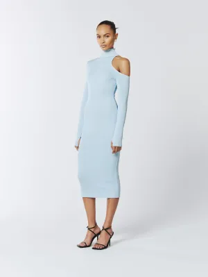 Asymmetric One-Shoulder Cutout Knitted Midi Dress in Baby Blue