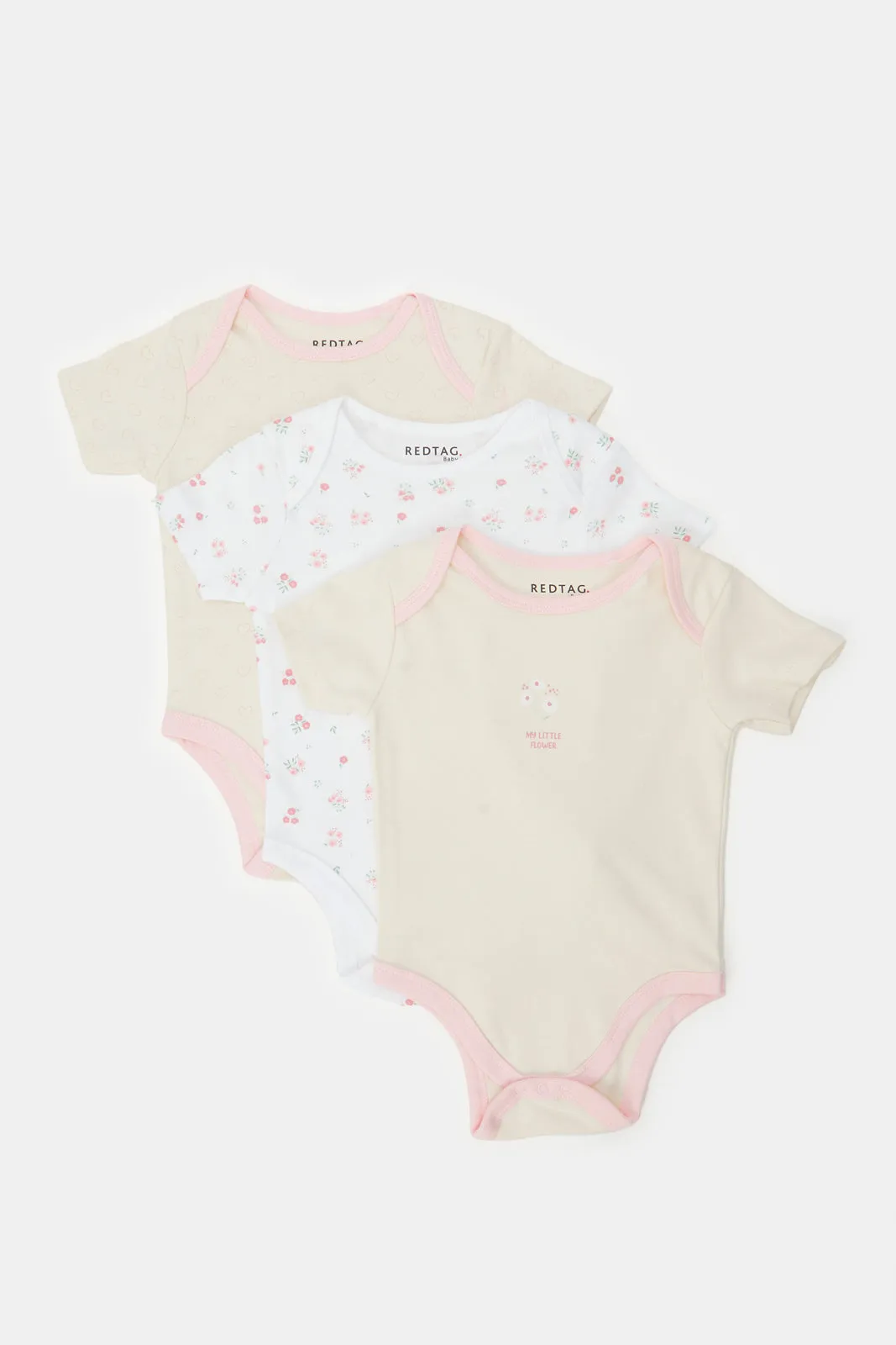 Baby Cream And Pink Printed Bodysuit Set (Pack Of 3)