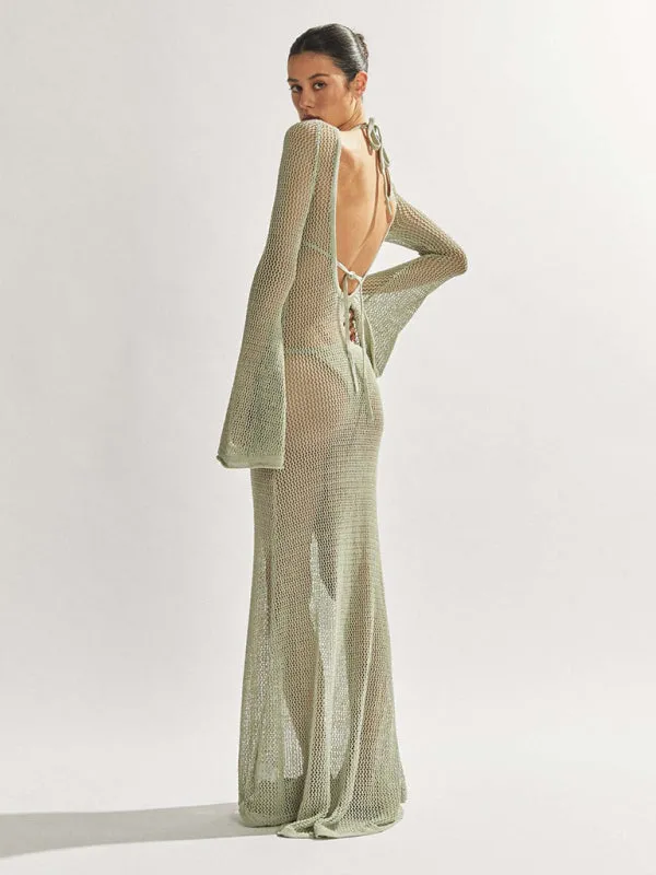 Backless Beach Cover-Up - Open Knitting Vacation Mermaid Sweep Train Maxi Dress