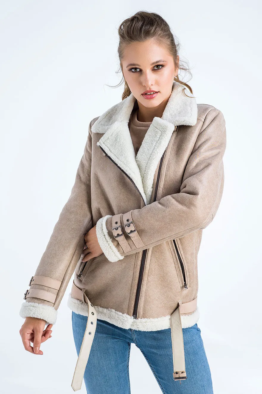 Beige Biker Bomber Sheepskin Jacket with Cream Shearling Fur