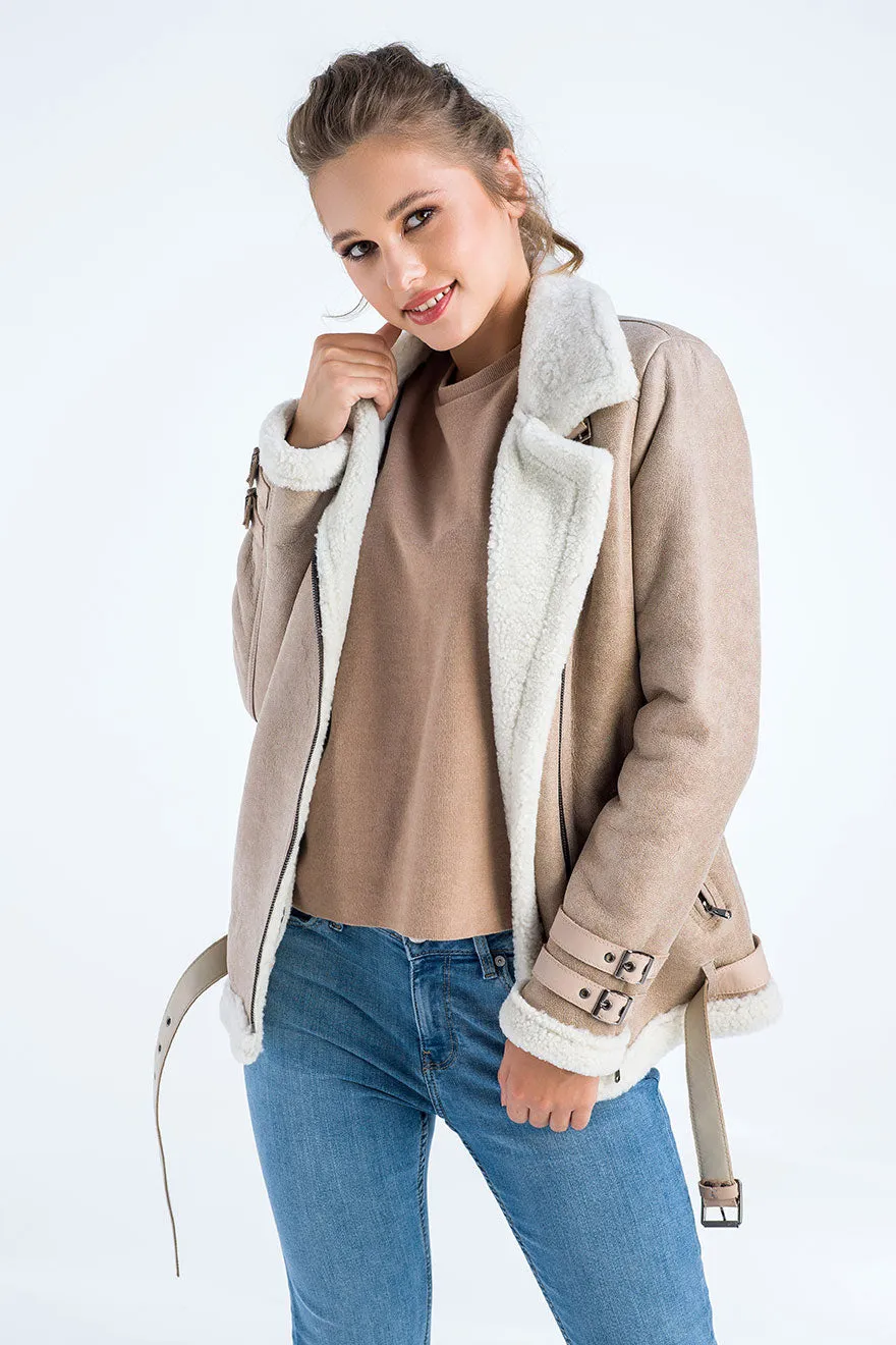 Beige Biker Bomber Sheepskin Jacket with Cream Shearling Fur