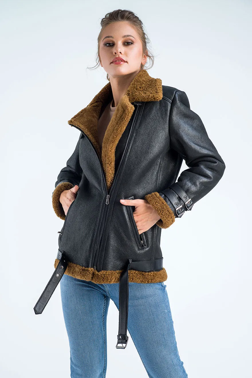 Black Biker Bomber Sheepskin Jacket with Cognac Shearling Fur