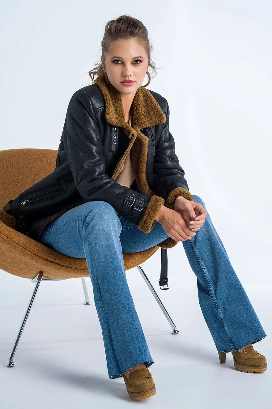 Black Biker Bomber Sheepskin Jacket with Cognac Shearling Fur