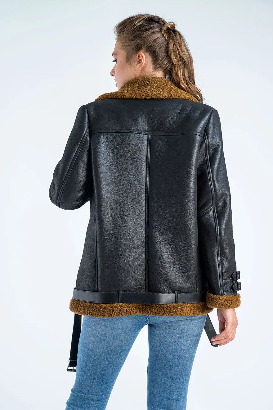 Black Biker Bomber Sheepskin Jacket with Cognac Shearling Fur