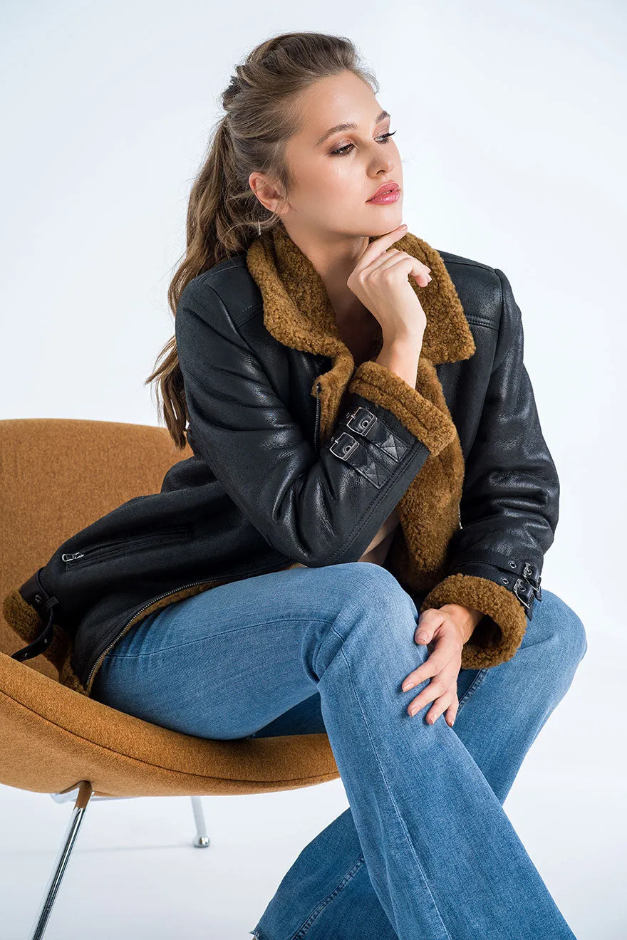 Black Biker Bomber Sheepskin Jacket with Cognac Shearling Fur