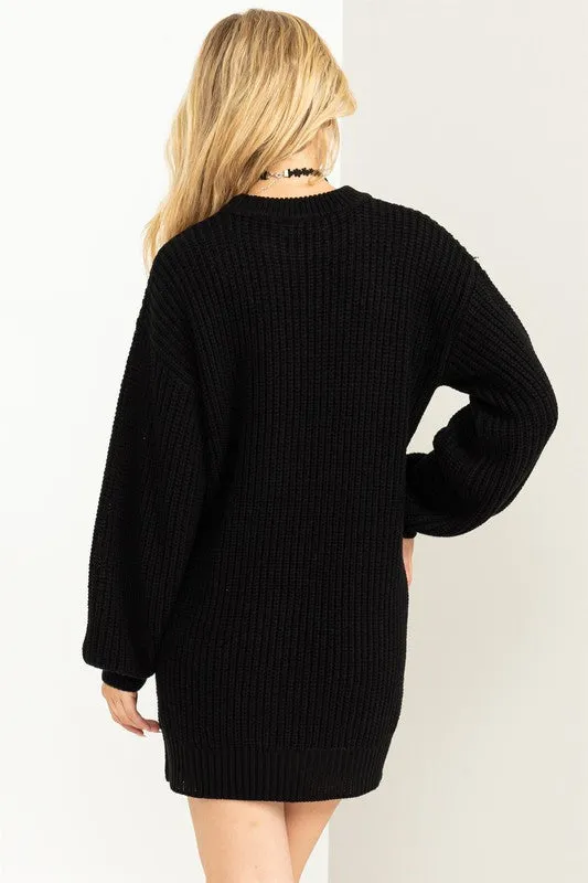 Black Cable-Knit Ribbed Mini Sweater Dress