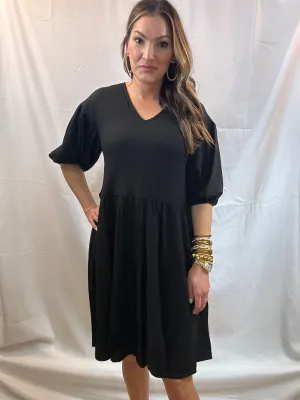 Black Knit V-Neck Puff Sleeve Dress