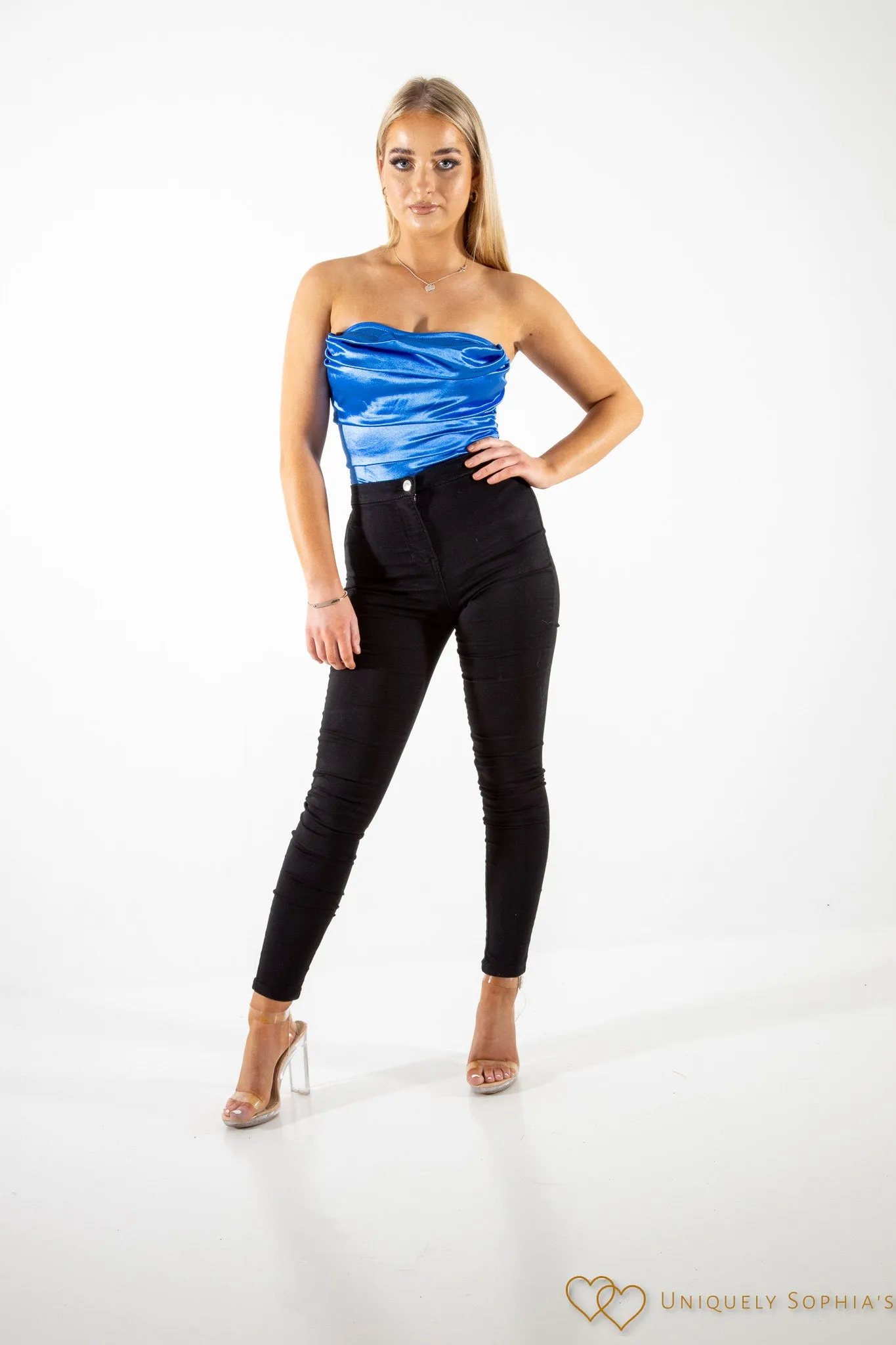 Blue Satin Cowl Neck Strapless Bodysuit