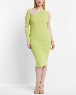 Body Contour Ribbed Asymmetrical One Shoulder Midi Sweater Dress in Lemon Yellow