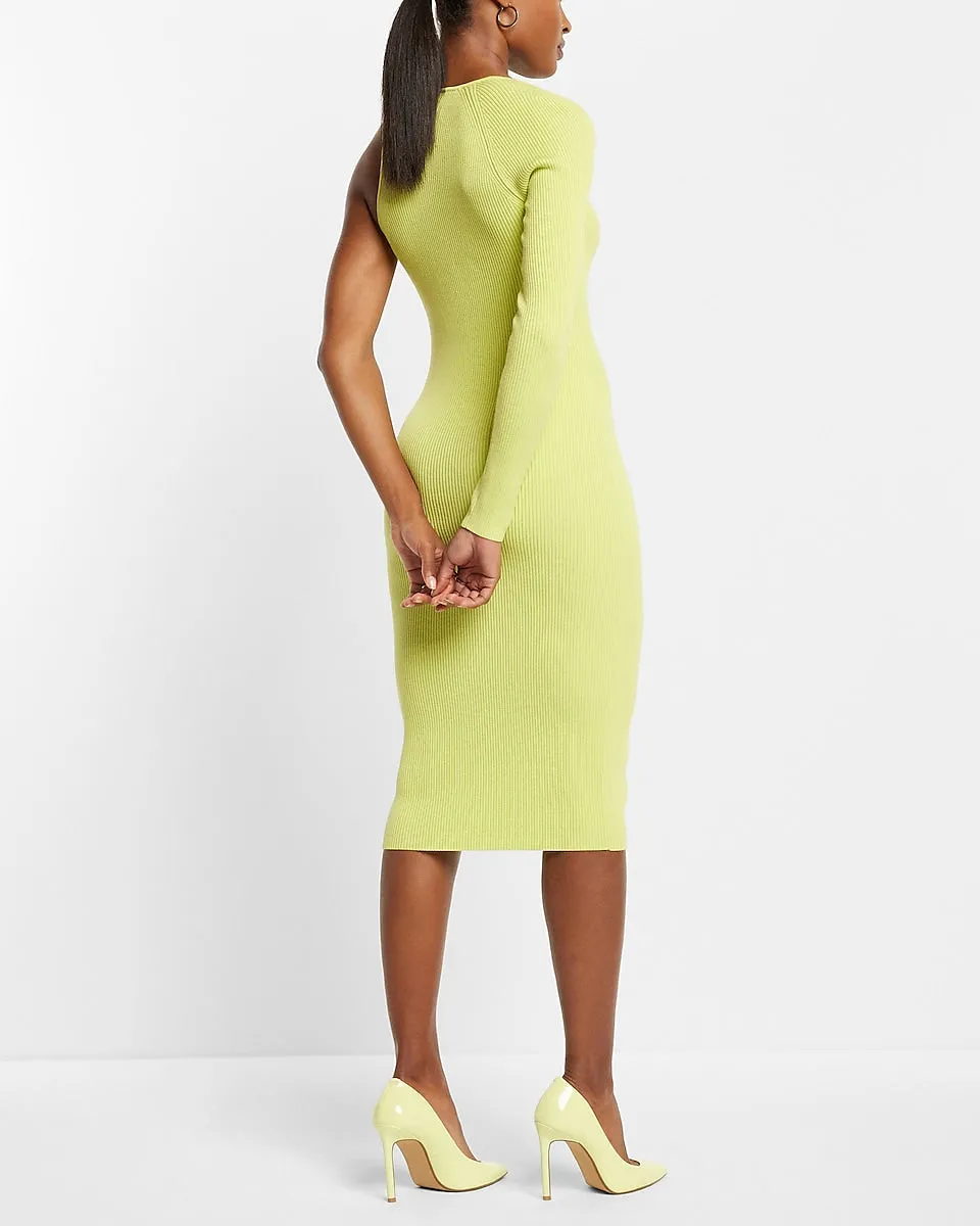 Body Contour Ribbed Asymmetrical One Shoulder Midi Sweater Dress in Lemon Yellow