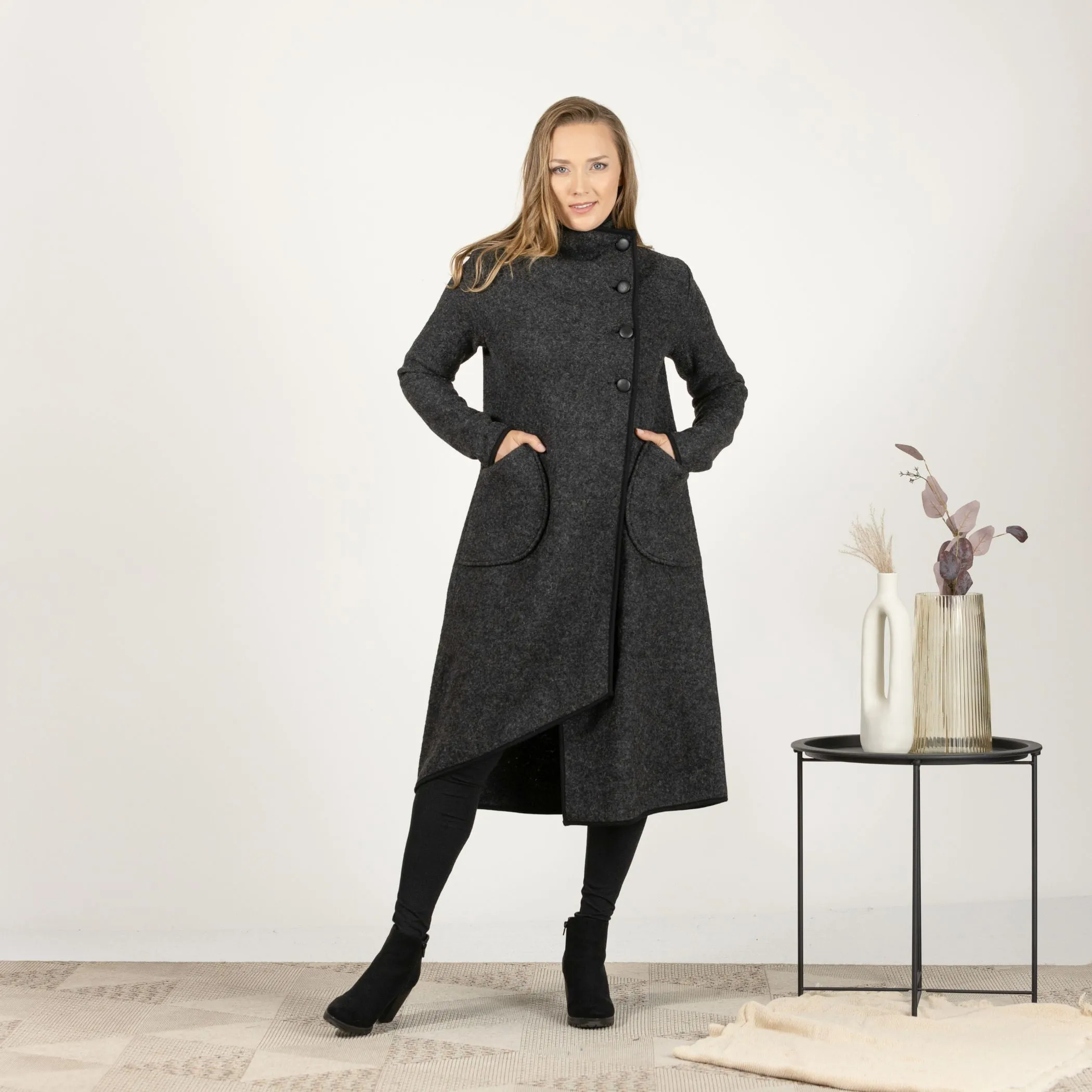 Boiled Wool Coat with Pockets