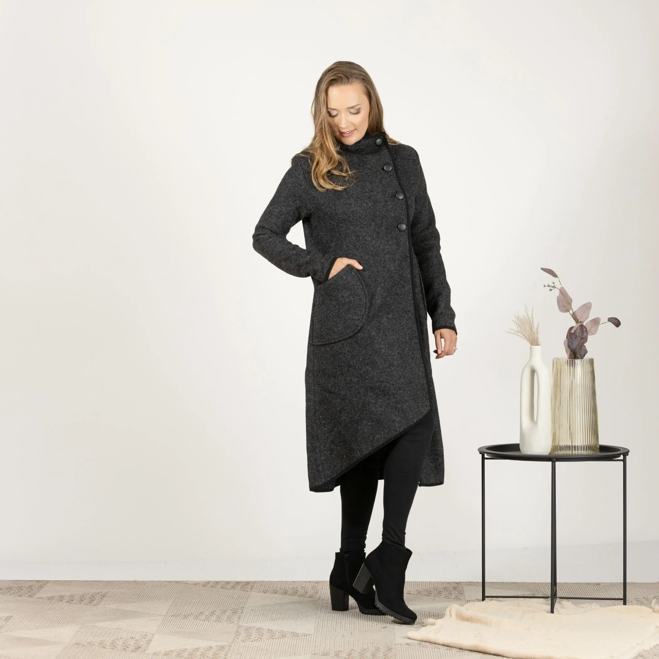 Boiled Wool Coat with Pockets