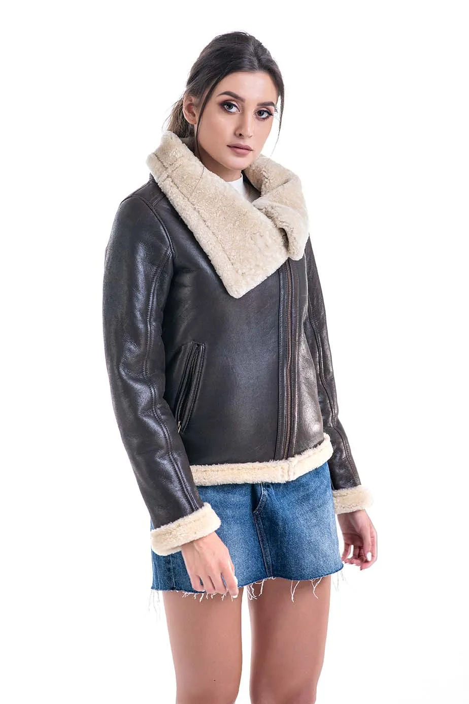 Brown Shearling Leather Jacket with Merino Fur Detailing