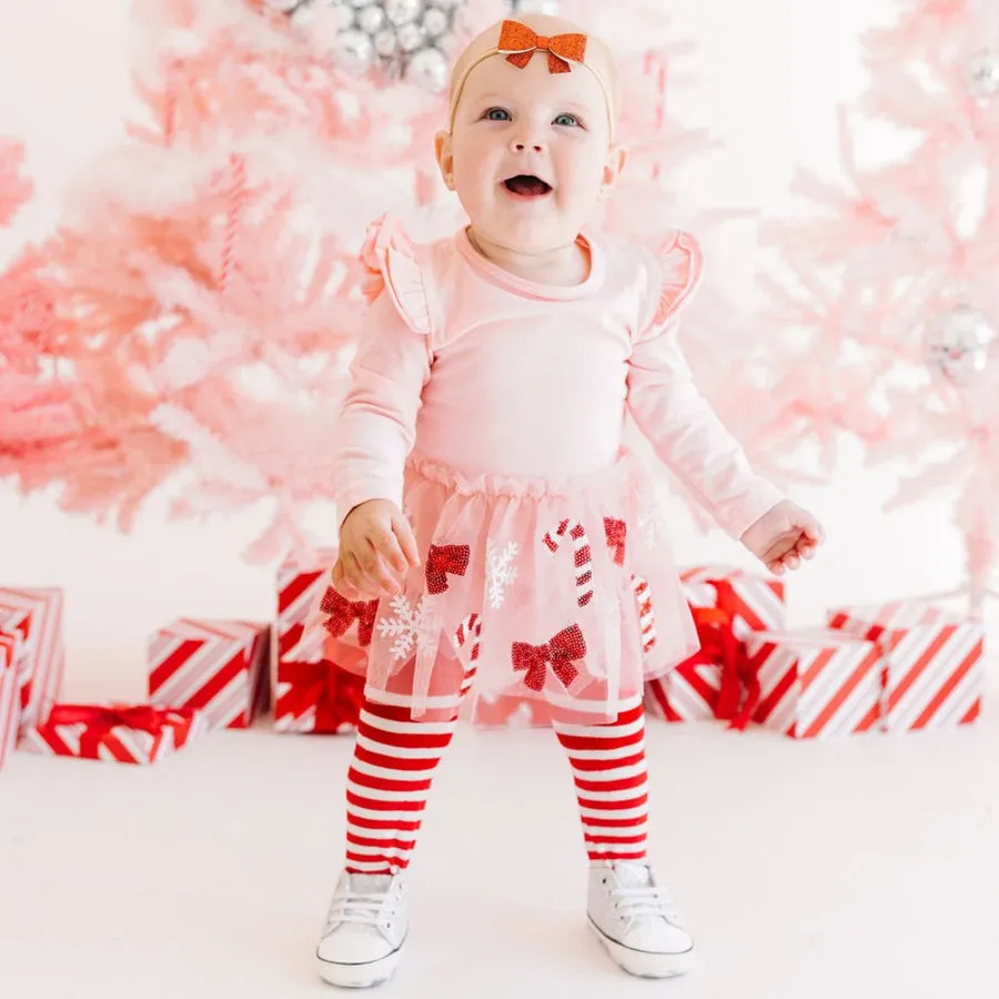 Candy Cane Cutie Christmas LS Tutu Bodysuit-Pink