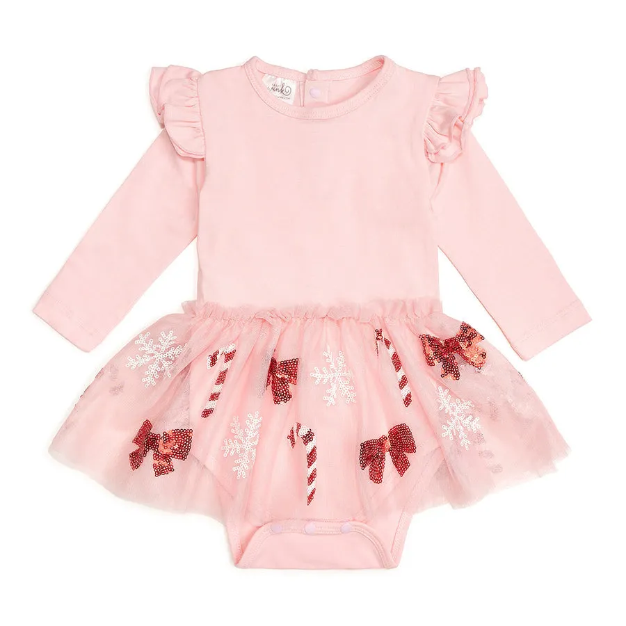 Candy Cane Cutie Christmas LS Tutu Bodysuit-Pink