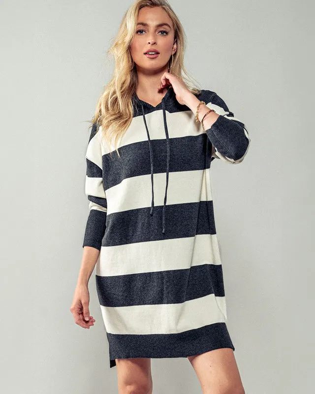 Charcoal and White Striped Hoodie Sweater Dress