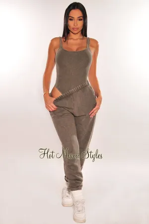 Charcoal Vintage Wash Bodysuit Jogger Pants Two Piece Set