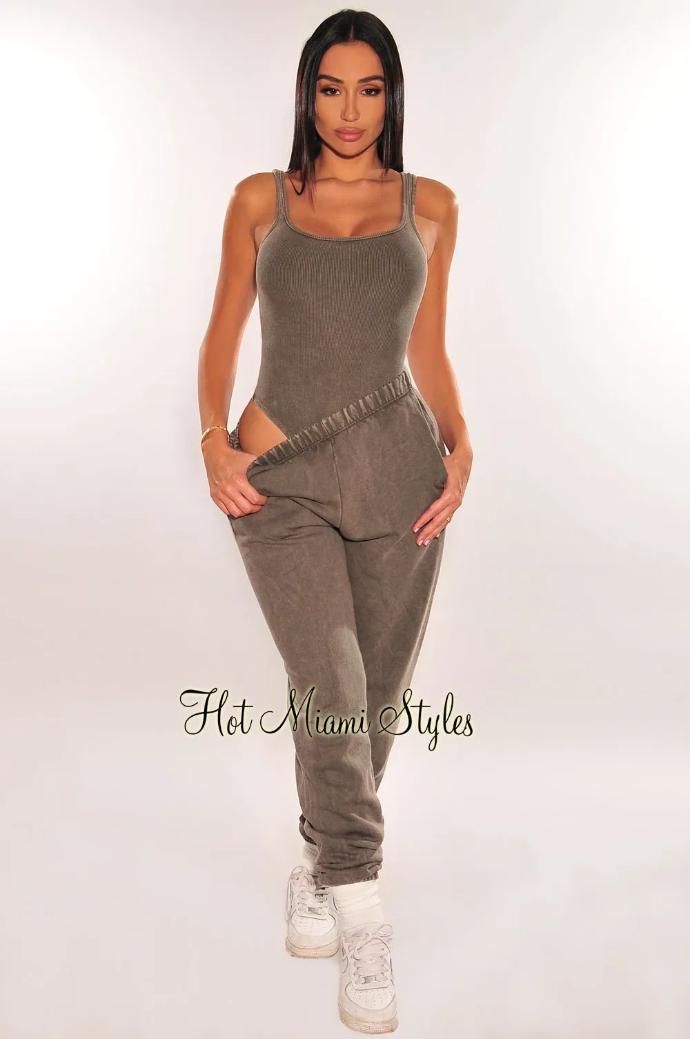 Charcoal Vintage Wash Bodysuit Jogger Pants Two Piece Set