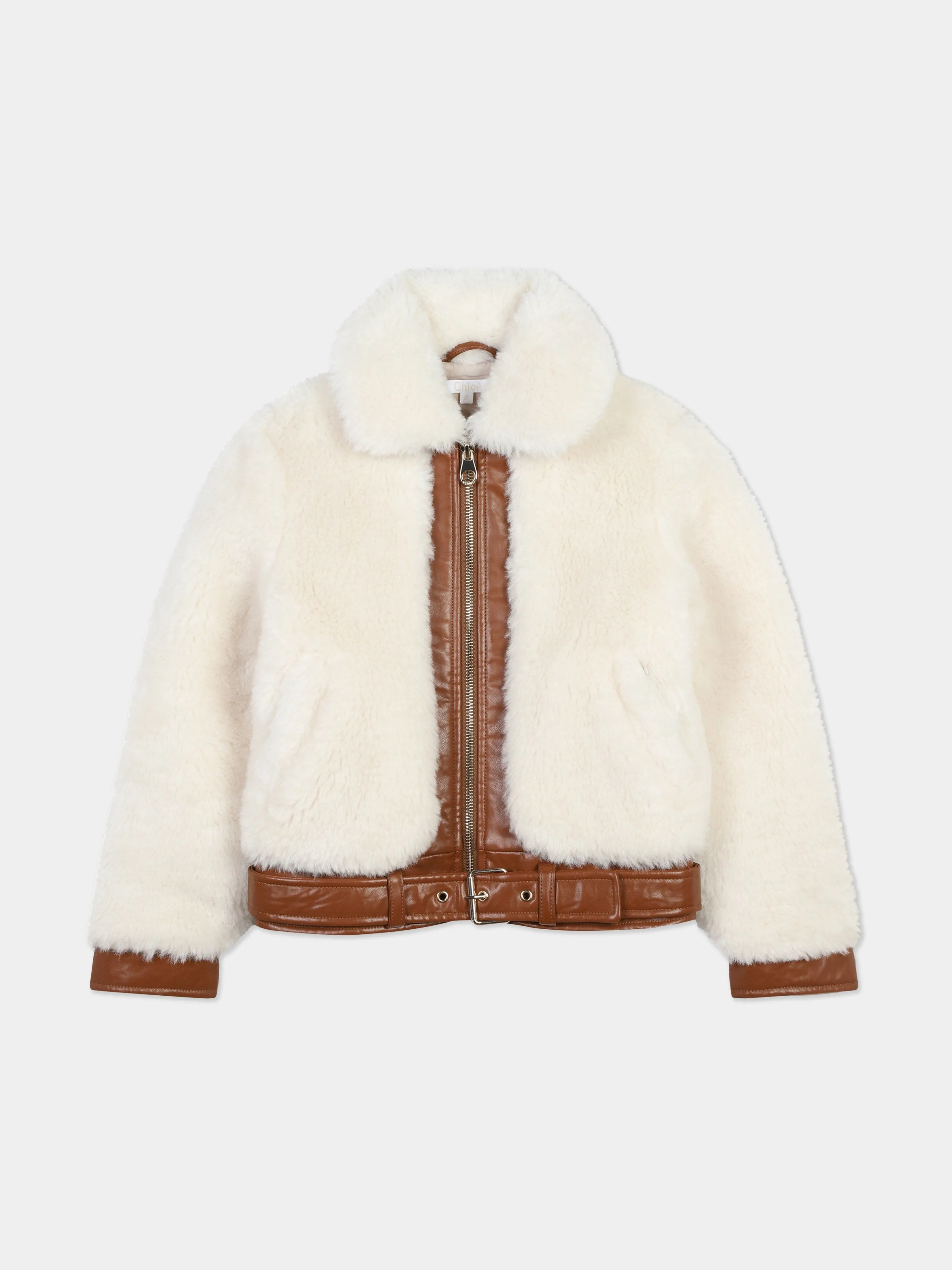 Chloé Girls Faux Shearling Jacket in Ivory