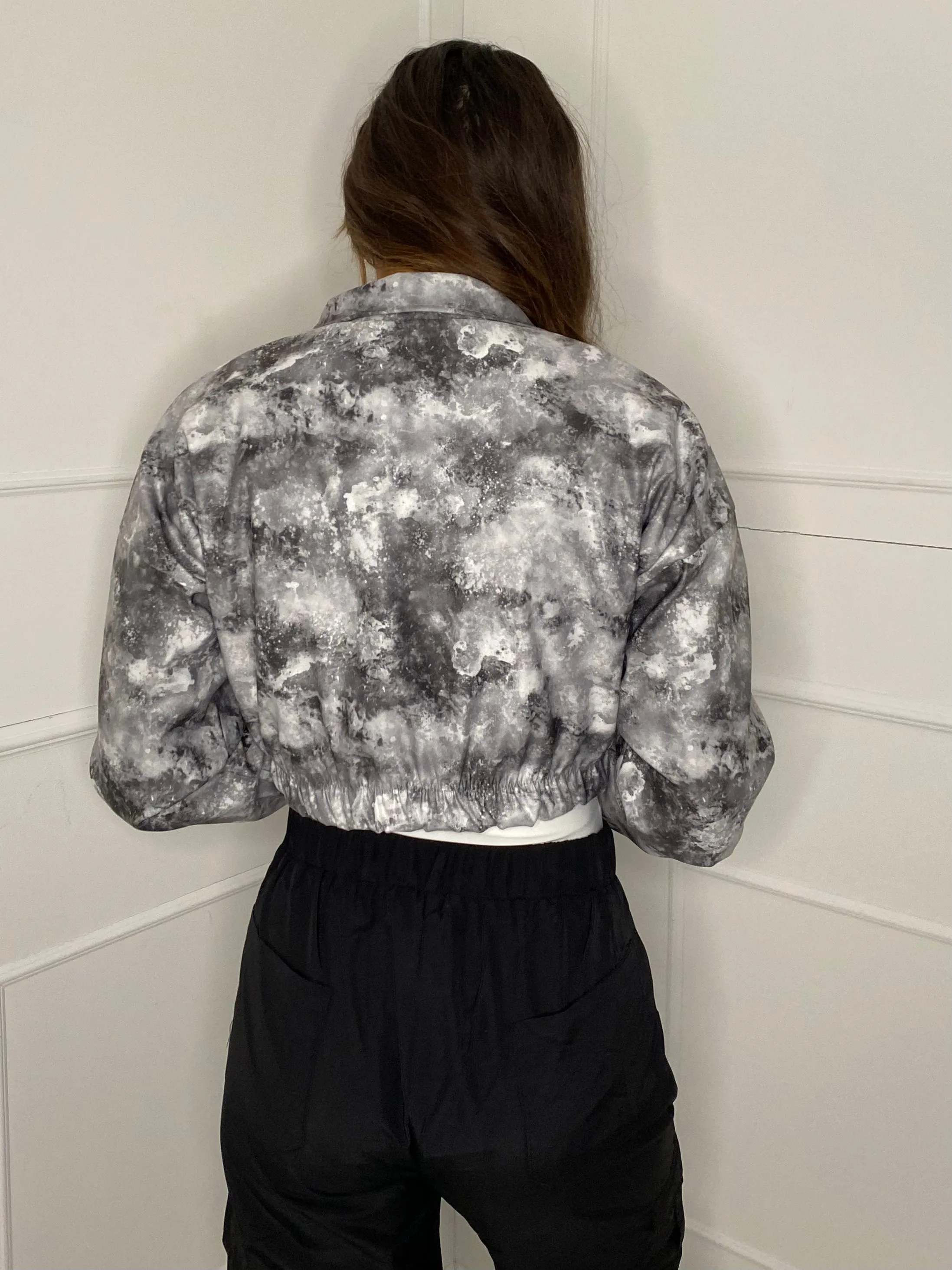 Collar Pocket Detail Cropped Jacket - Grey Marble