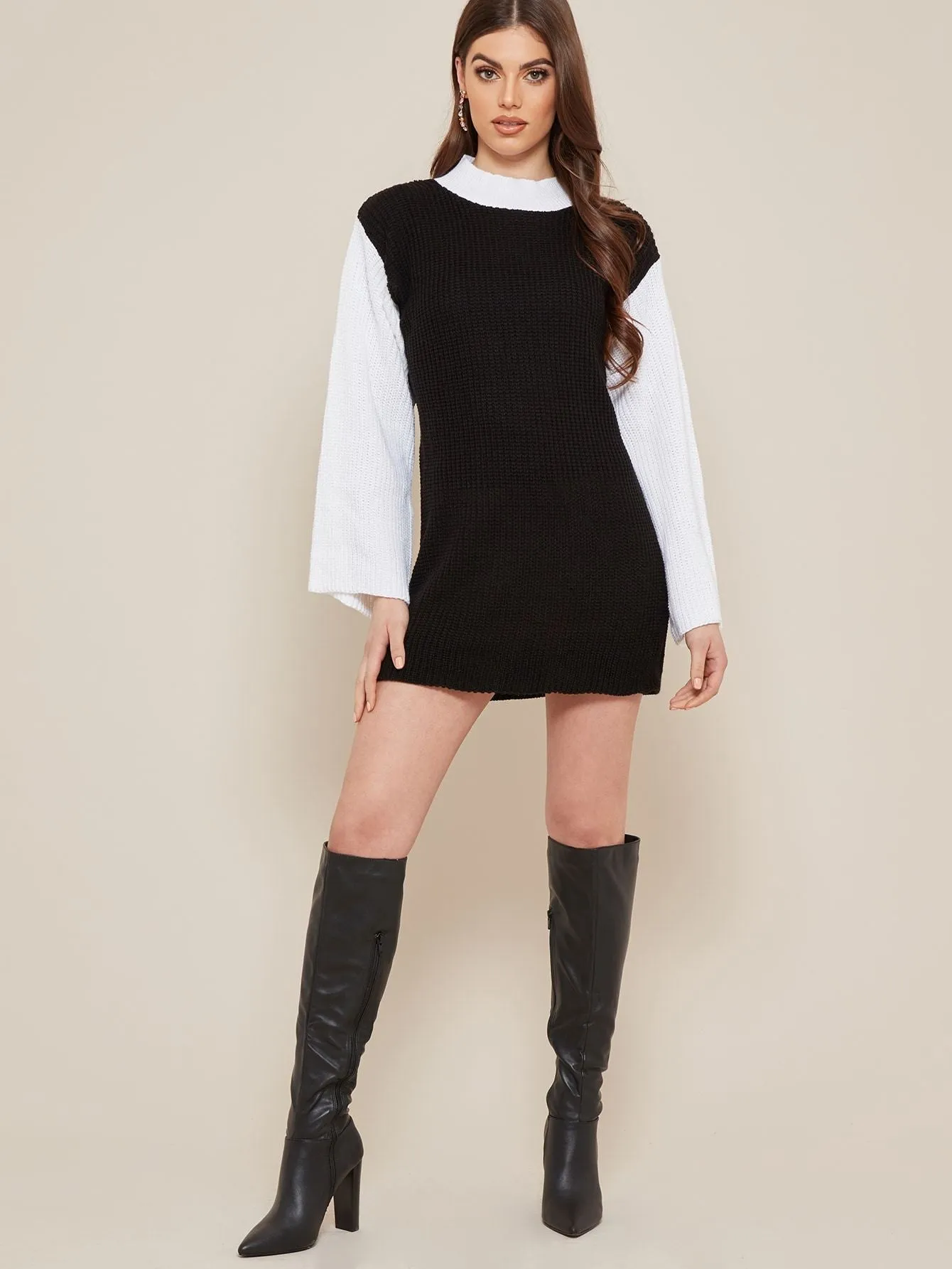 Contrast Sleeve Knitted Dress