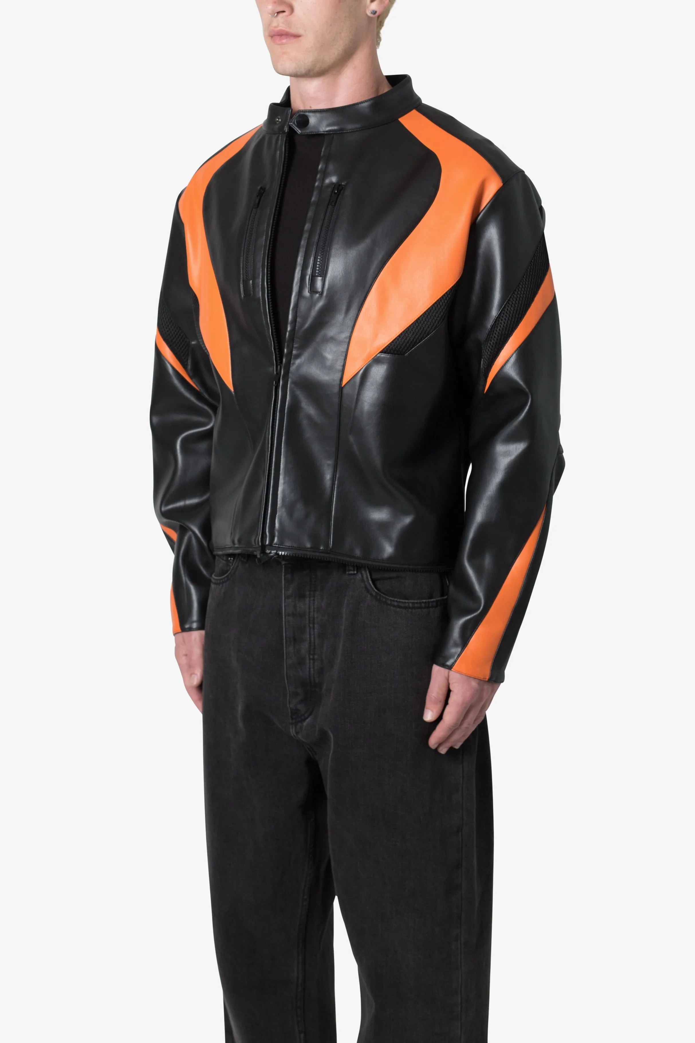 Cropped Leather Race Jacket - Black/Orange