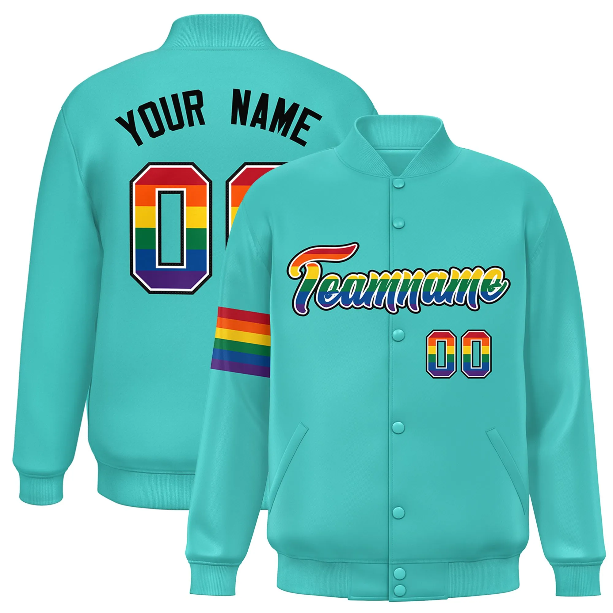 Custom Aqua LGBT Rainbow For Pride Month Classic Style Letterman Baseball Jacket