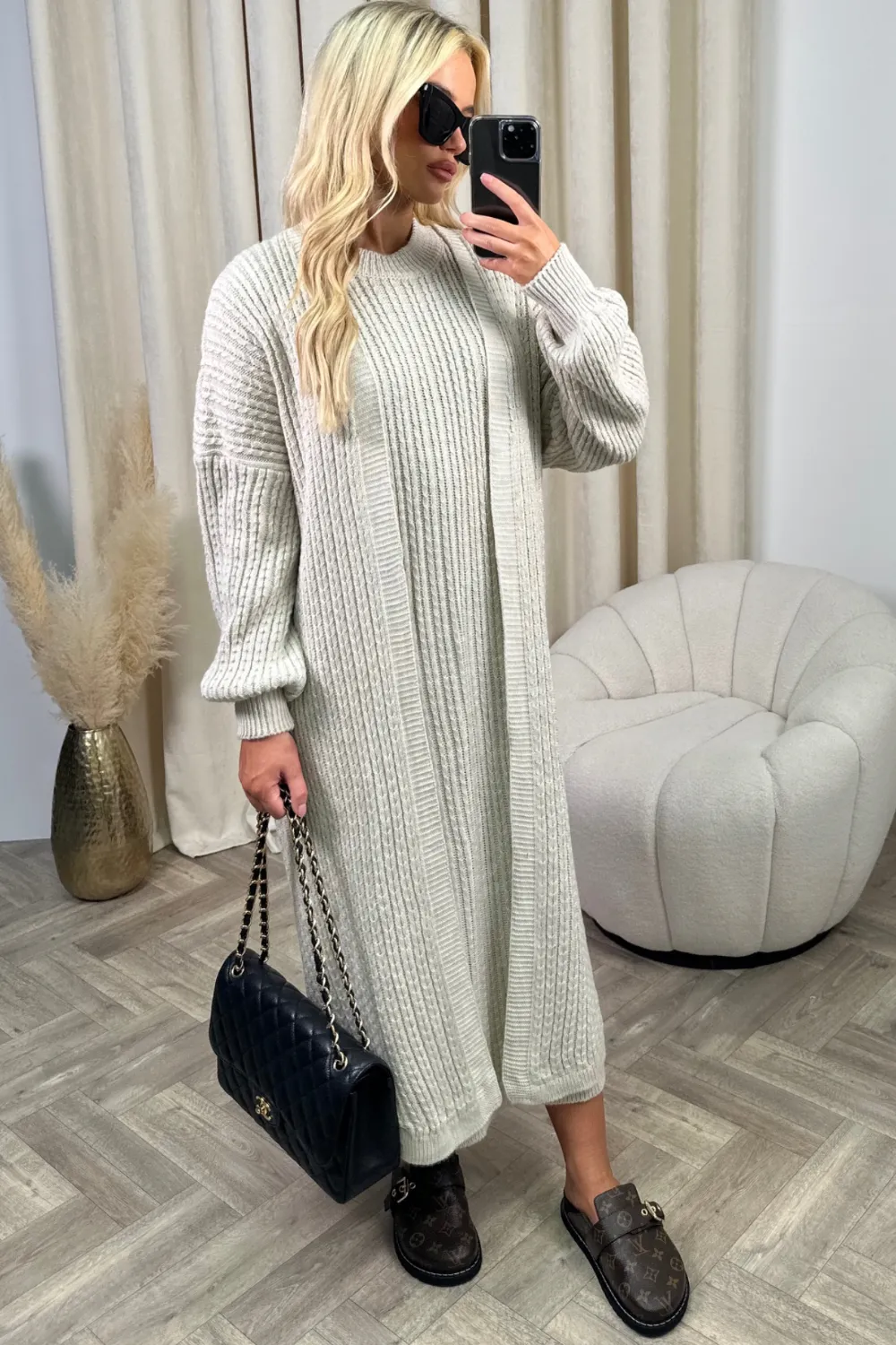 Daniella beige knitted dress and cardigan co-ord