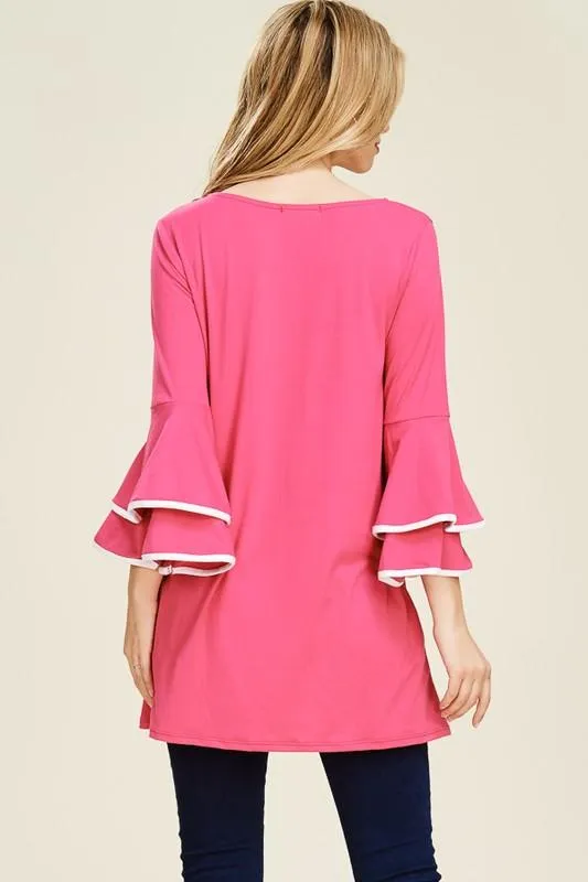 Double Ruffle with Contrast Color Tunic Top - Multiple Colors!