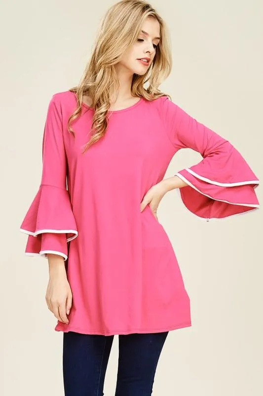 Double Ruffle with Contrast Color Tunic Top - Multiple Colors!