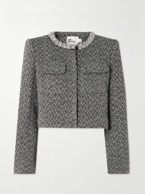 Embellished cropped herringbone tweed jacket