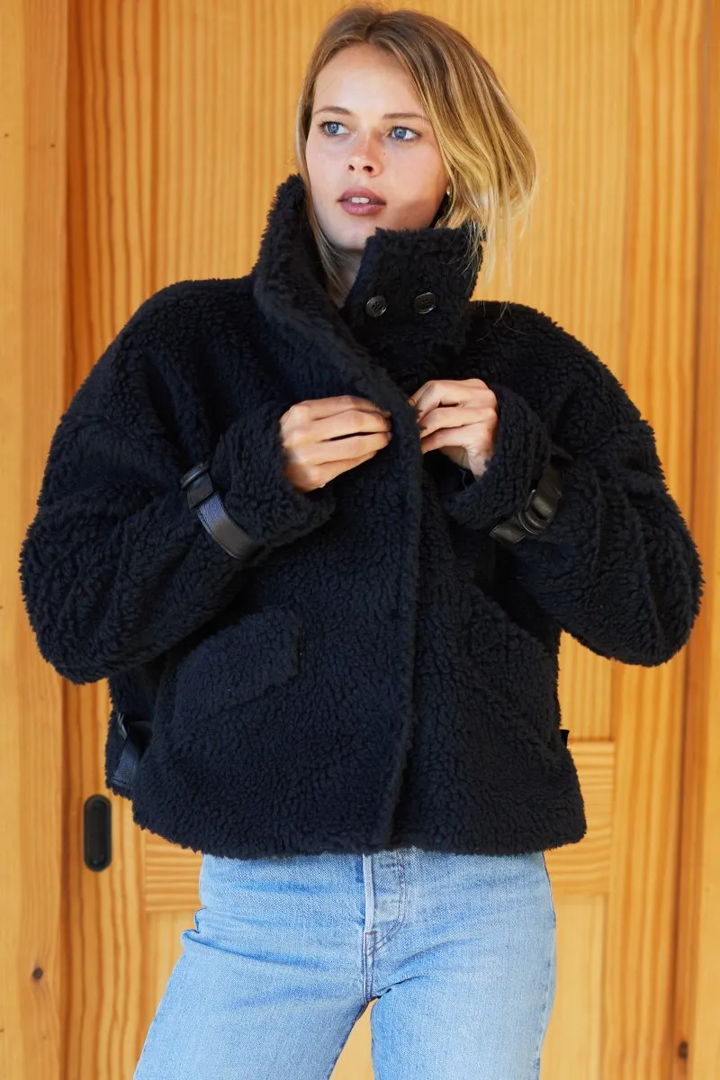 Emerson Fry Black Cozy High Neck Shearling Jacket