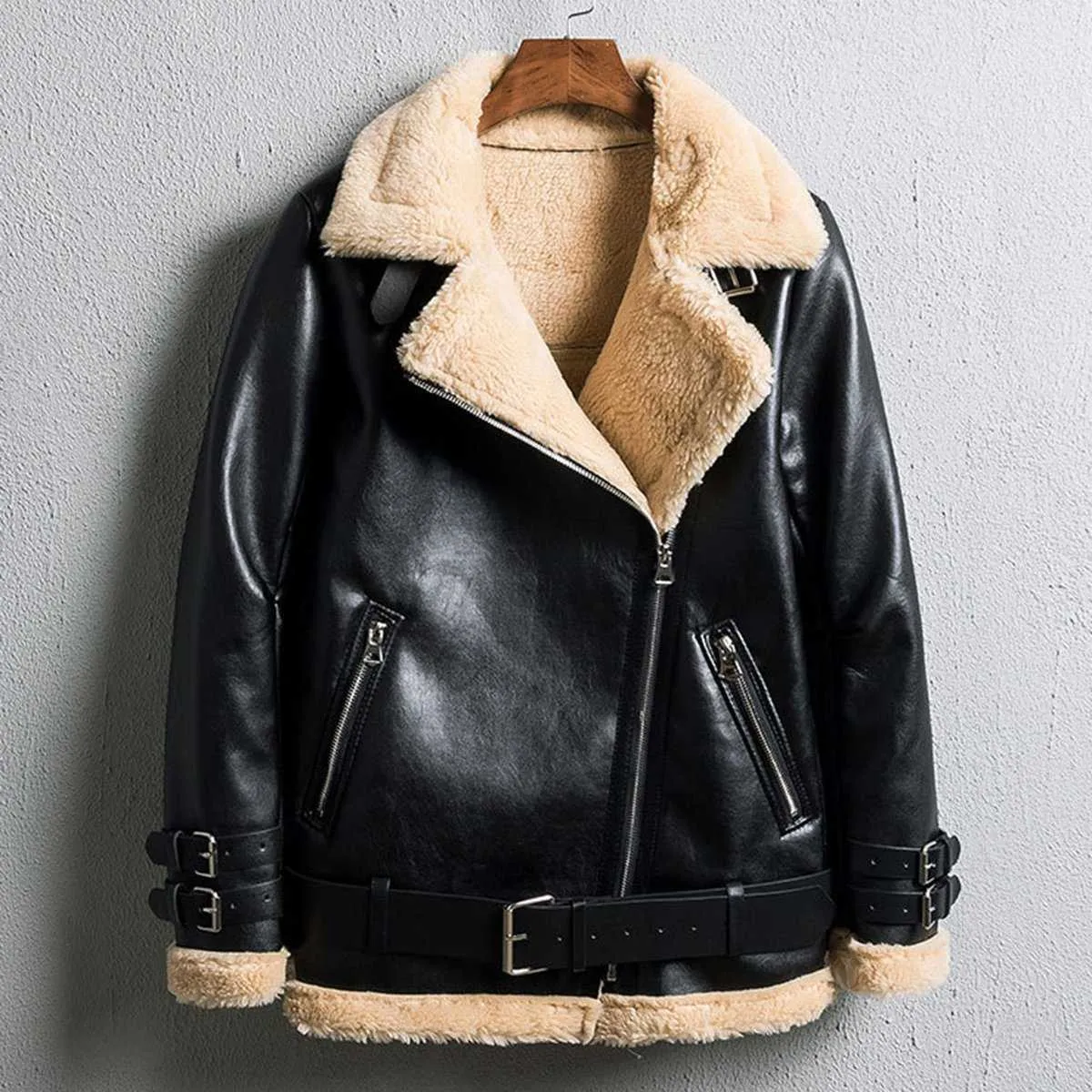 Faux Fur Lined Leather Shearling Moto Jacket