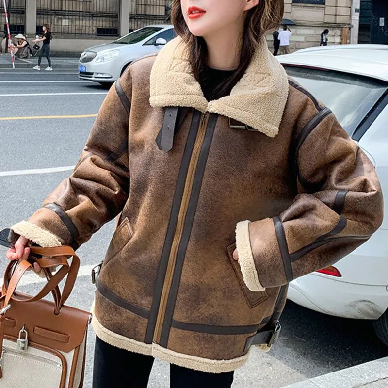 Faux Fur Lined Leather Shearling Moto Jacket