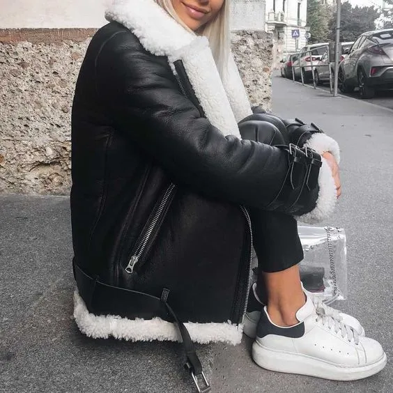 Faux Fur Lined Leather Shearling Moto Jacket