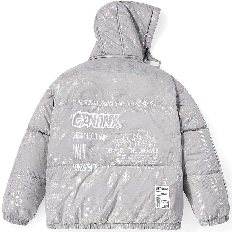 Gray Casual Letter Print Removable Hooded Down Jacket