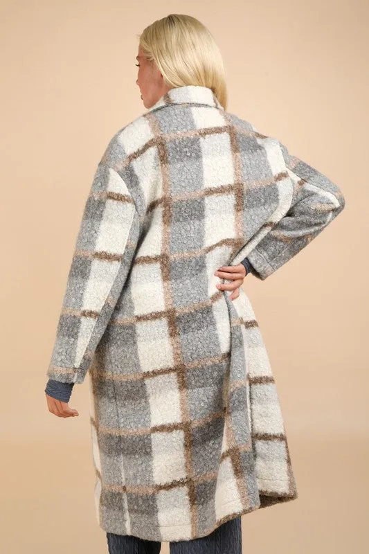 Gray Mix Oversized Plaid Soft Fuzzy Button Down Long Coat